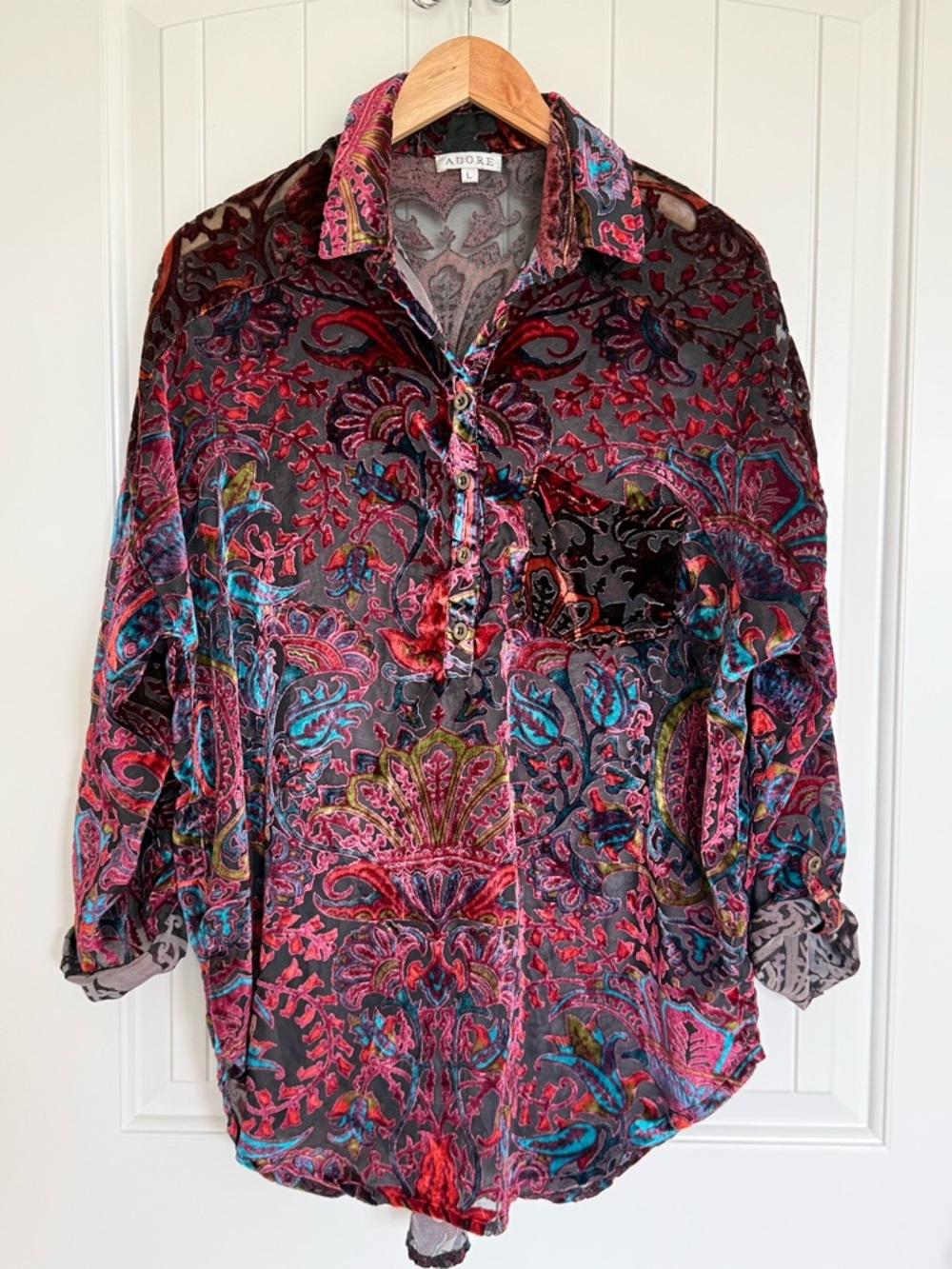 Adore Burnout Velvet Blouse Large Multicolor Paisley Boho Sheer Top Button Down
